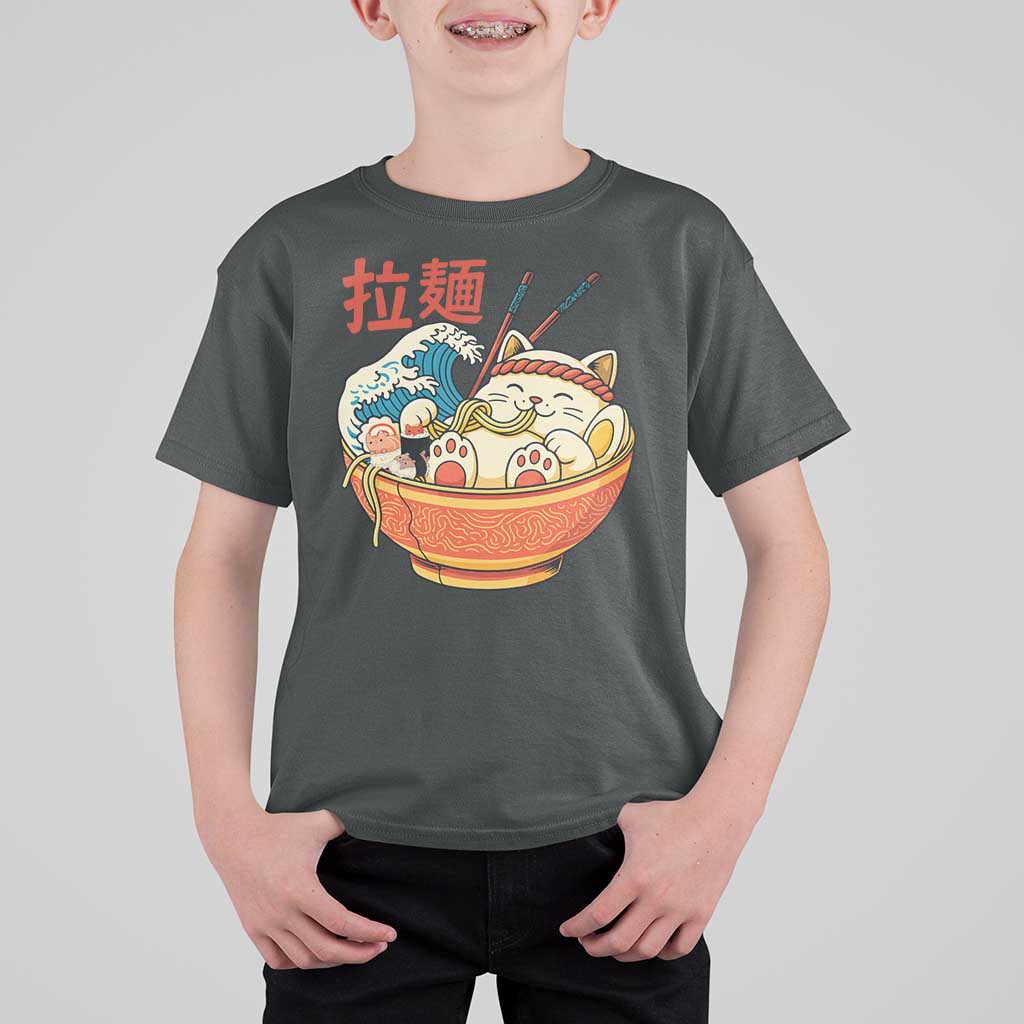 Funny Cat Ramen T Shirt For Kid Cute Japanese Sushi Kitty Eating Noodles - Wonder Print Shop