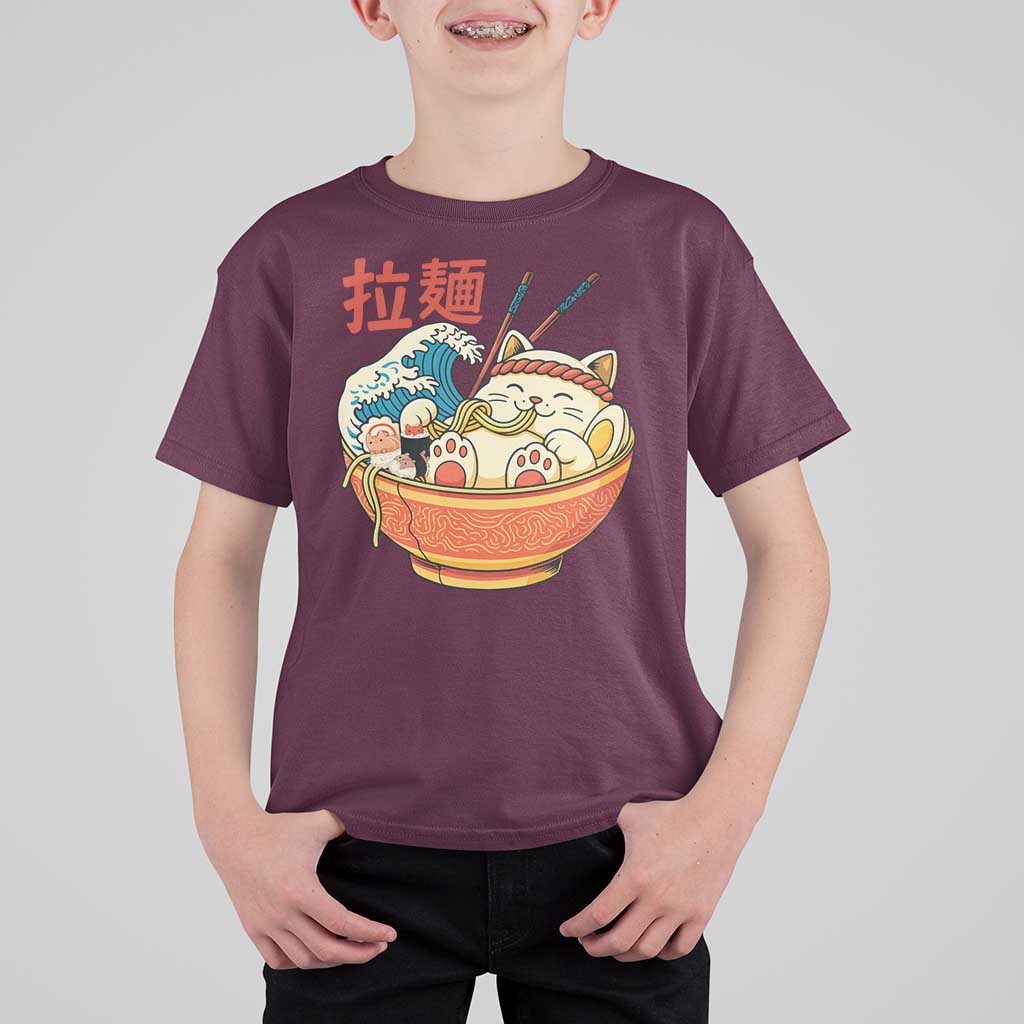 Funny Cat Ramen T Shirt For Kid Cute Japanese Sushi Kitty Eating Noodles - Wonder Print Shop