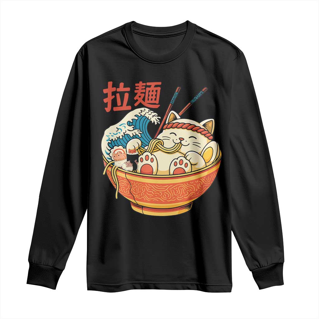 Funny Cat Ramen Long Sleeve Shirt Cute Japanese Sushi Kitty Eating Noodles - Wonder Print Shop