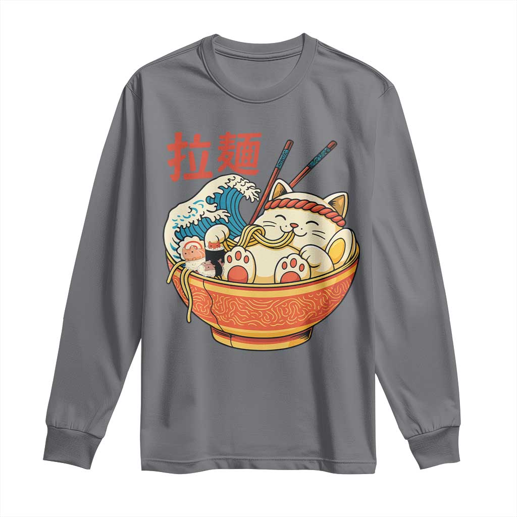Funny Cat Ramen Long Sleeve Shirt Cute Japanese Sushi Kitty Eating Noodles - Wonder Print Shop