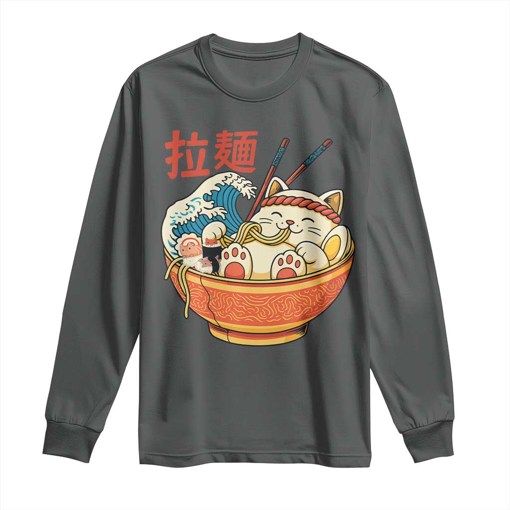 Funny Cat Ramen Long Sleeve Shirt Cute Japanese Sushi Kitty Eating Noodles - Wonder Print Shop