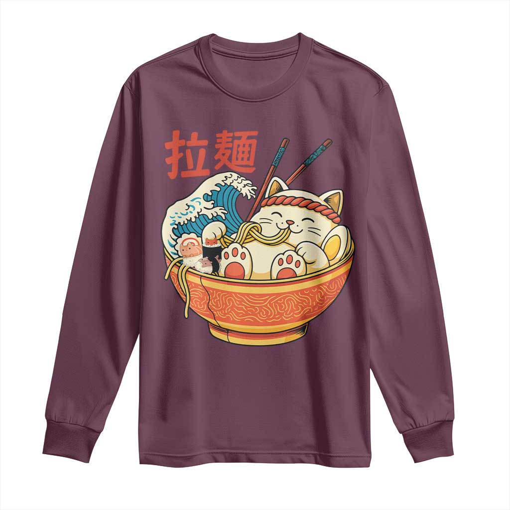 Funny Cat Ramen Long Sleeve Shirt Cute Japanese Sushi Kitty Eating Noodles - Wonder Print Shop
