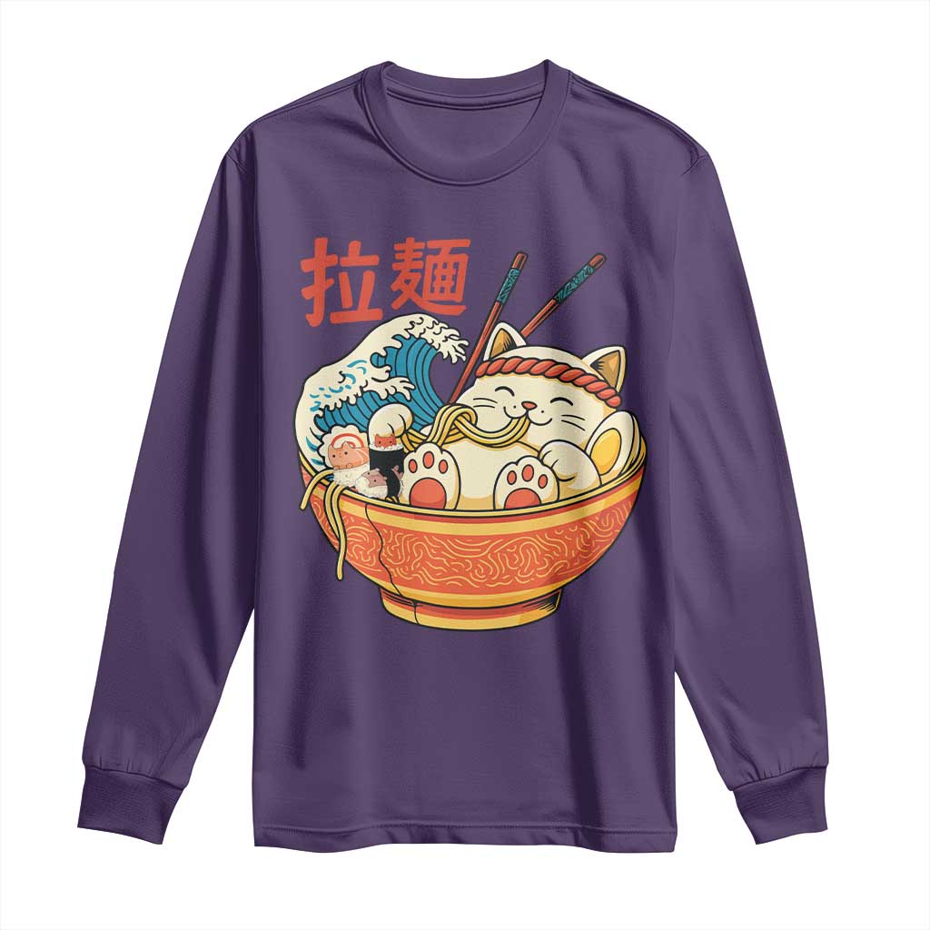 Funny Cat Ramen Long Sleeve Shirt Cute Japanese Sushi Kitty Eating Noodles - Wonder Print Shop