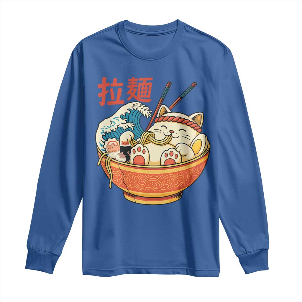 Funny Cat Ramen Long Sleeve Shirt Cute Japanese Sushi Kitty Eating Noodles - Wonder Print Shop