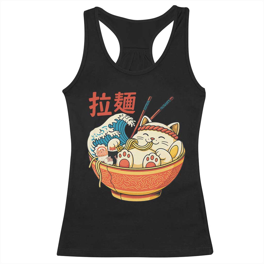 Funny Cat Ramen Racerback Tank Top Cute Japanese Sushi Kitty Eating Noodles - Wonder Print Shop