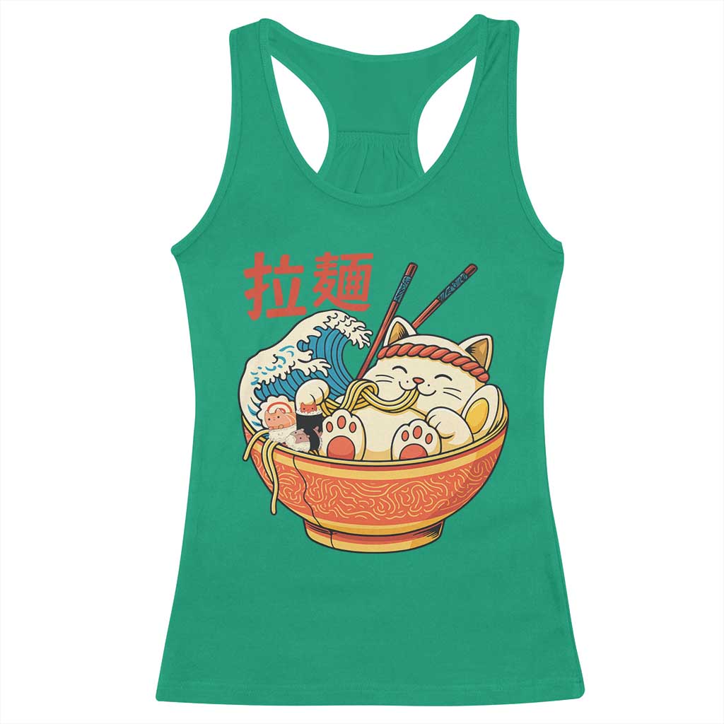 Funny Cat Ramen Racerback Tank Top Cute Japanese Sushi Kitty Eating Noodles - Wonder Print Shop