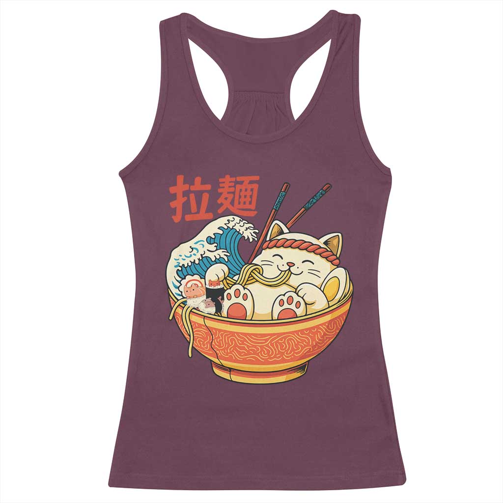 Funny Cat Ramen Racerback Tank Top Cute Japanese Sushi Kitty Eating Noodles - Wonder Print Shop