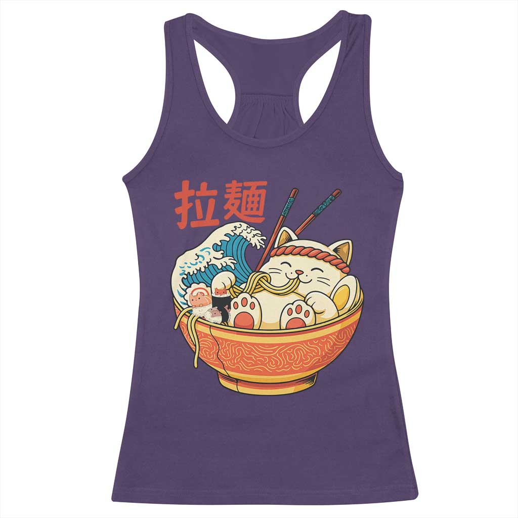 Funny Cat Ramen Racerback Tank Top Cute Japanese Sushi Kitty Eating Noodles - Wonder Print Shop