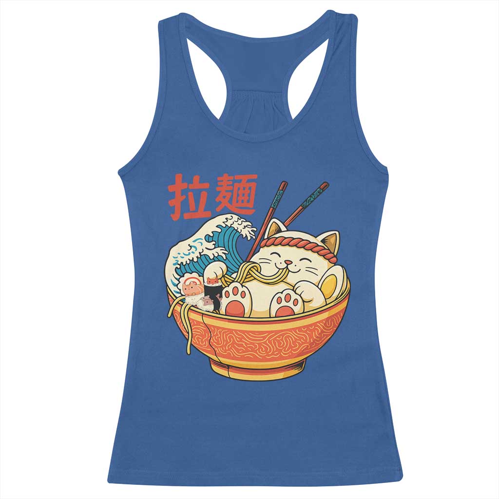 Funny Cat Ramen Racerback Tank Top Cute Japanese Sushi Kitty Eating Noodles - Wonder Print Shop