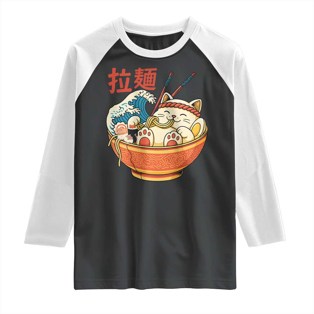 Funny Cat Ramen Raglan Shirt Cute Japanese Sushi Kitty Eating Noodles - Wonder Print Shop