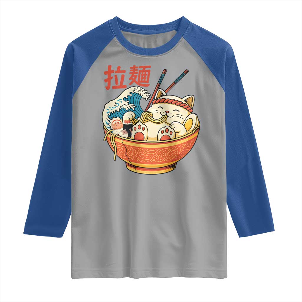 Funny Cat Ramen Raglan Shirt Cute Japanese Sushi Kitty Eating Noodles - Wonder Print Shop
