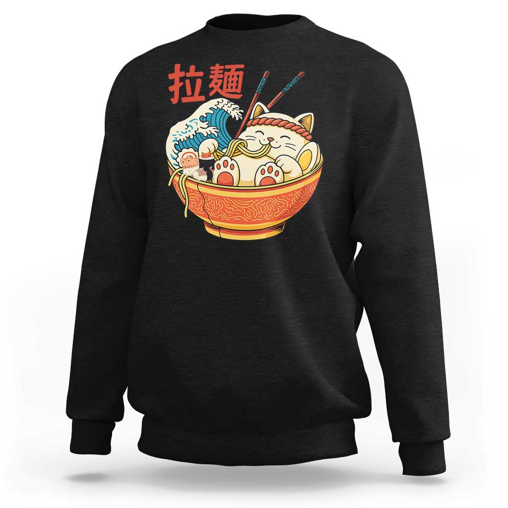 Funny Cat Ramen Sweatshirt Cute Japanese Sushi Kitty Eating Noodles - Wonder Print Shop