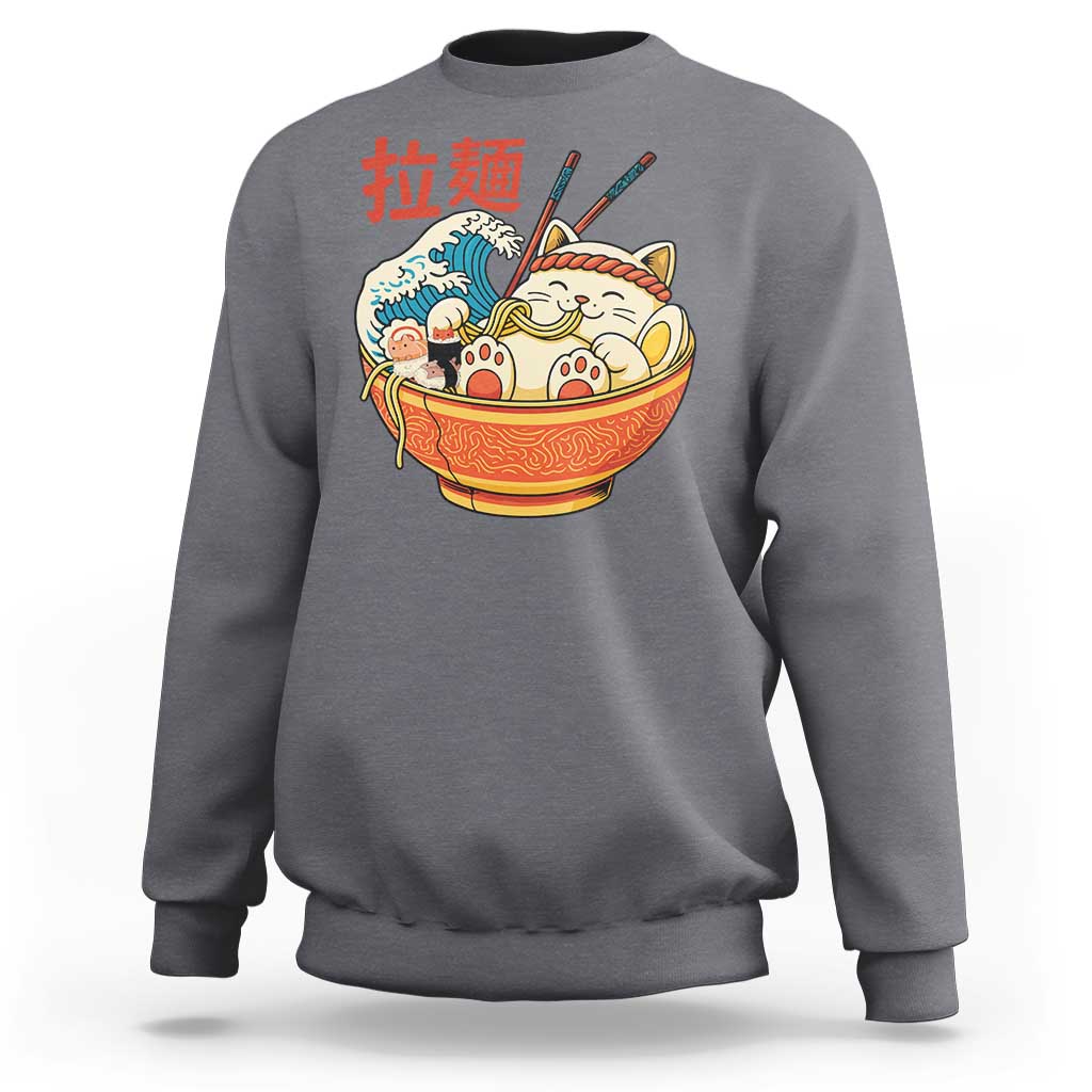 Funny Cat Ramen Sweatshirt Cute Japanese Sushi Kitty Eating Noodles - Wonder Print Shop
