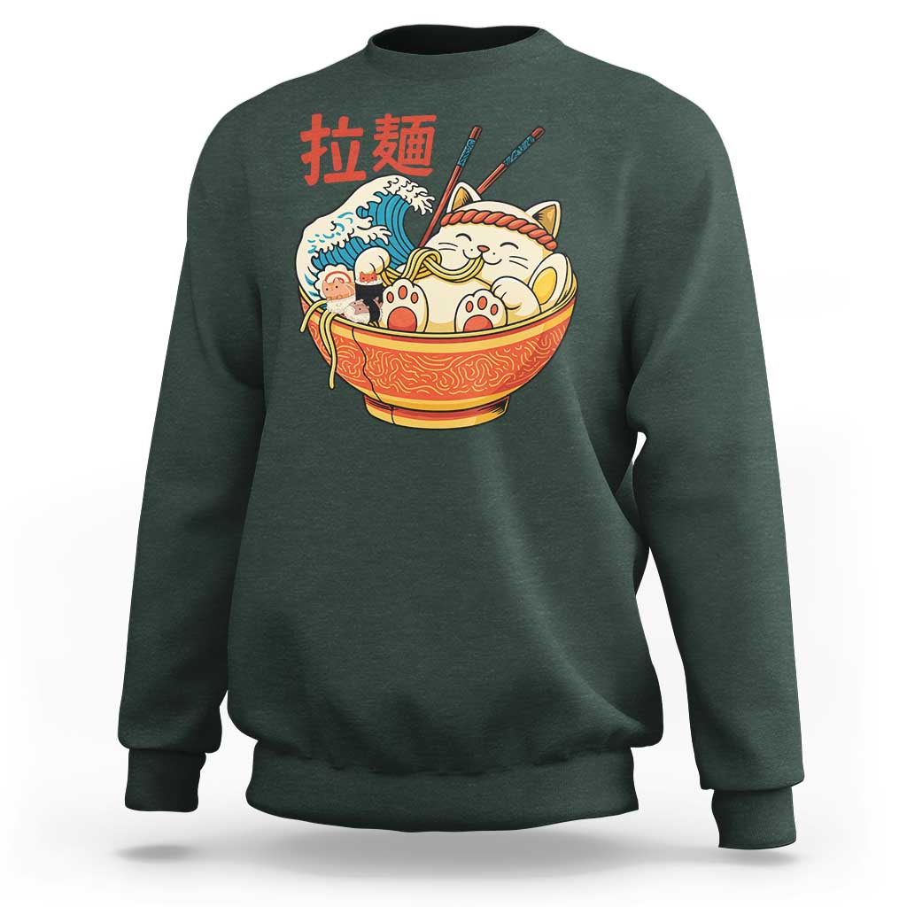Funny Cat Ramen Sweatshirt Cute Japanese Sushi Kitty Eating Noodles - Wonder Print Shop