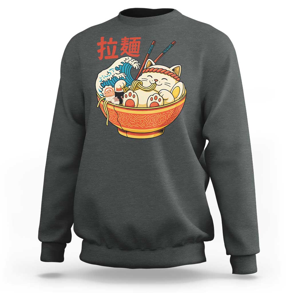Funny Cat Ramen Sweatshirt Cute Japanese Sushi Kitty Eating Noodles - Wonder Print Shop