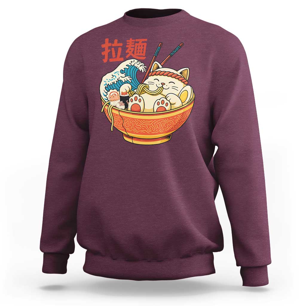 Funny Cat Ramen Sweatshirt Cute Japanese Sushi Kitty Eating Noodles - Wonder Print Shop