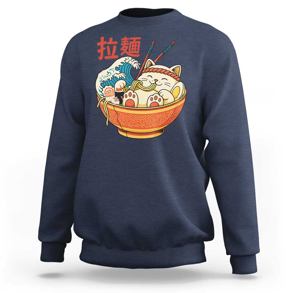 Funny Cat Ramen Sweatshirt Cute Japanese Sushi Kitty Eating Noodles - Wonder Print Shop