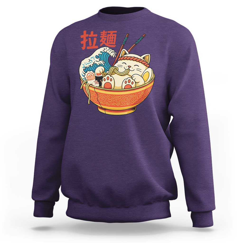 Funny Cat Ramen Sweatshirt Cute Japanese Sushi Kitty Eating Noodles - Wonder Print Shop