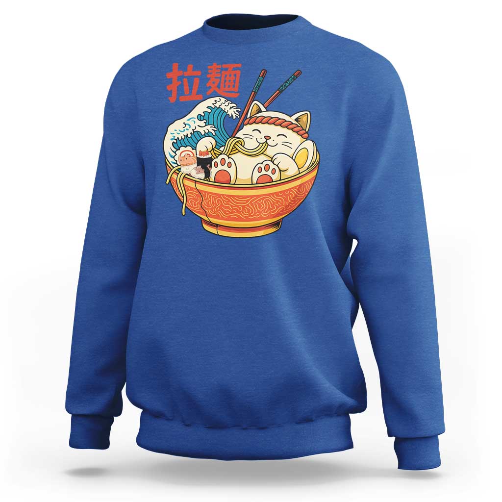 Funny Cat Ramen Sweatshirt Cute Japanese Sushi Kitty Eating Noodles - Wonder Print Shop
