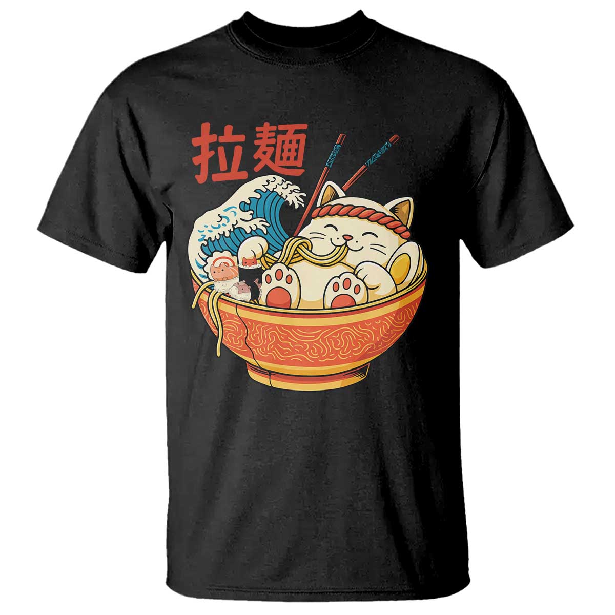Funny Cat Ramen T Shirt Cute Japanese Sushi Kitty Eating Noodles - Wonder Print Shop