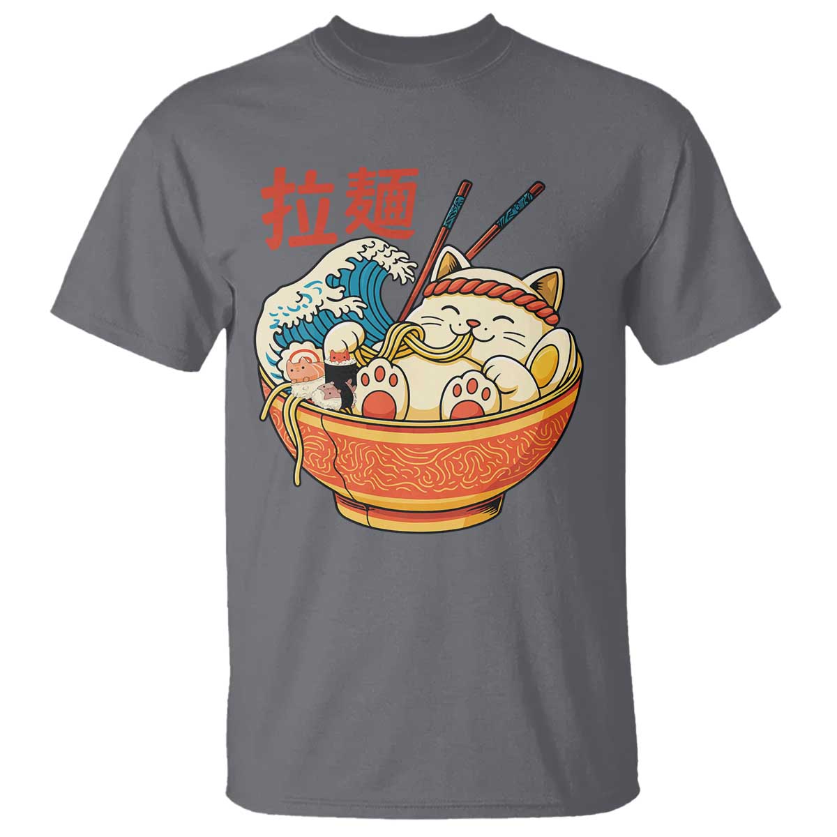 Funny Cat Ramen T Shirt Cute Japanese Sushi Kitty Eating Noodles - Wonder Print Shop