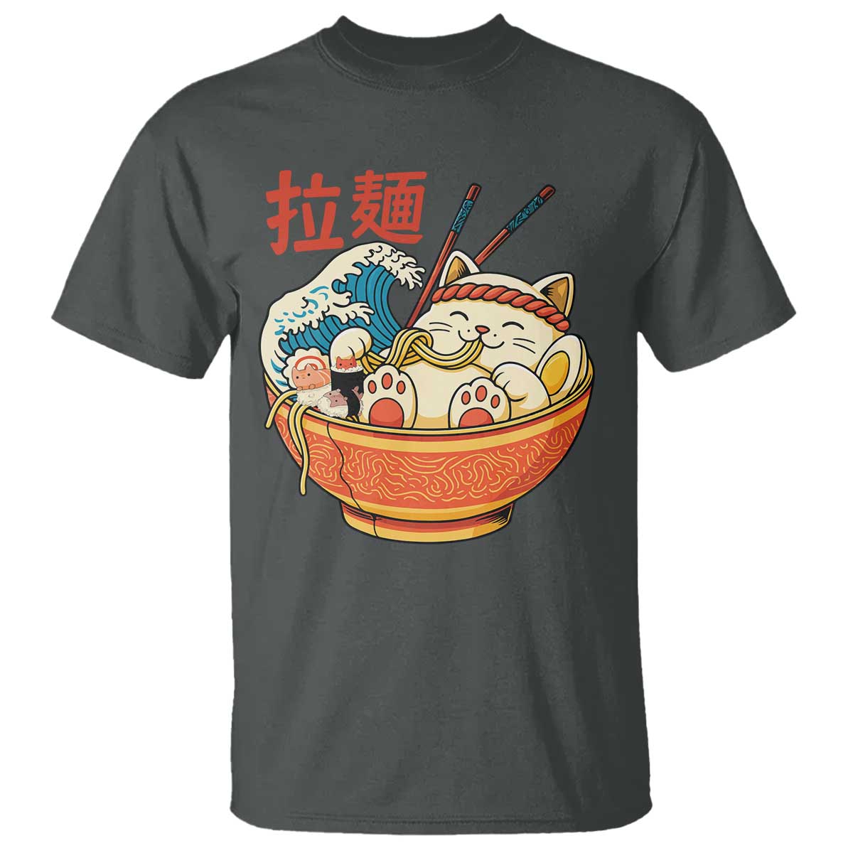 Funny Cat Ramen T Shirt Cute Japanese Sushi Kitty Eating Noodles - Wonder Print Shop