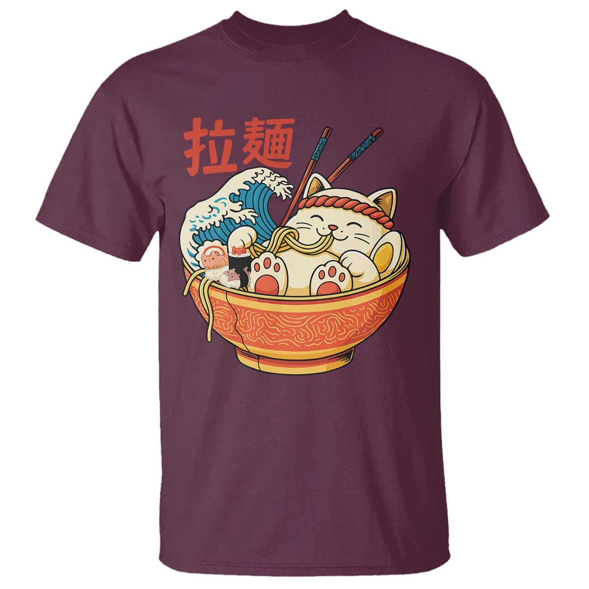Funny Cat Ramen T Shirt Cute Japanese Sushi Kitty Eating Noodles - Wonder Print Shop