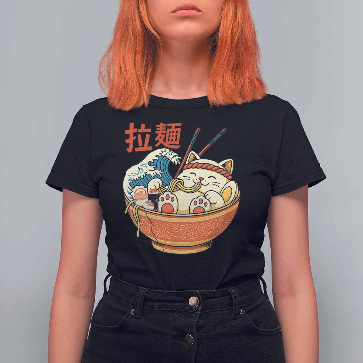 Funny Cat Ramen T Shirt For Women Cute Japanese Sushi Kitty Eating Noodles - Wonder Print Shop
