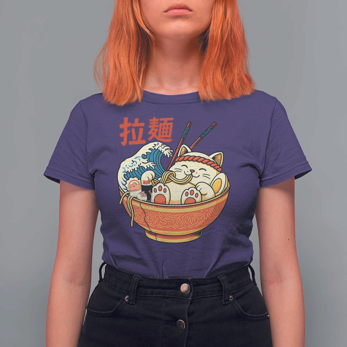Funny Cat Ramen T Shirt For Women Cute Japanese Sushi Kitty Eating Noodles - Wonder Print Shop