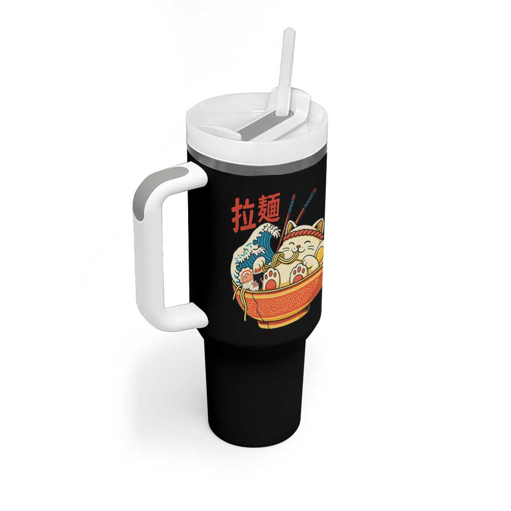 Funny Cat Ramen Tumbler With Handle Cute Japanese Sushi Kitty Eating Noodles