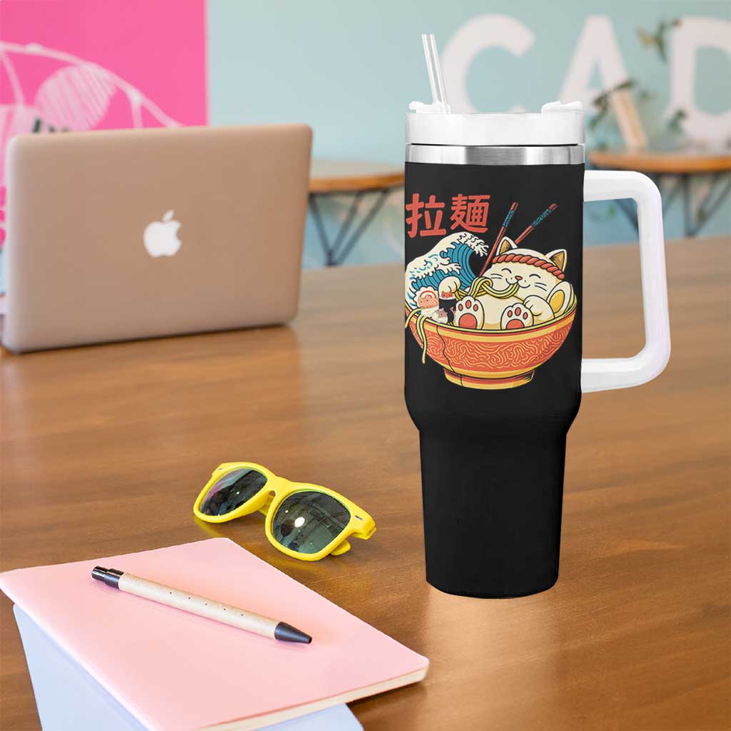 Funny Cat Ramen Tumbler With Handle Cute Japanese Sushi Kitty Eating Noodles