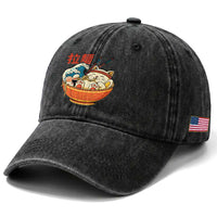 Funny Cat Ramen Washed Cotton Baseball Cap Cute Japanese Sushi Kitty Eating Noodles