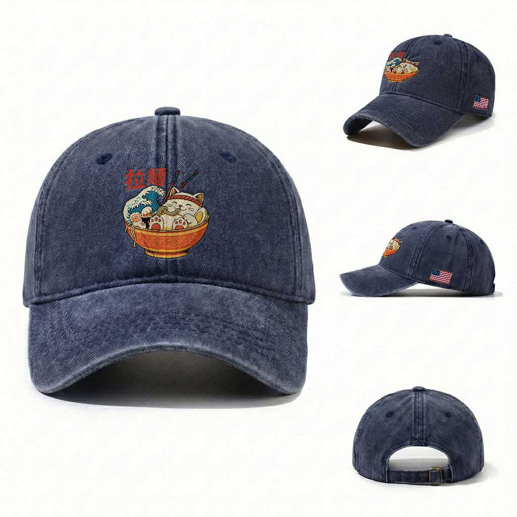 Funny Cat Ramen Washed Cotton Baseball Cap Cute Japanese Sushi Kitty Eating Noodles