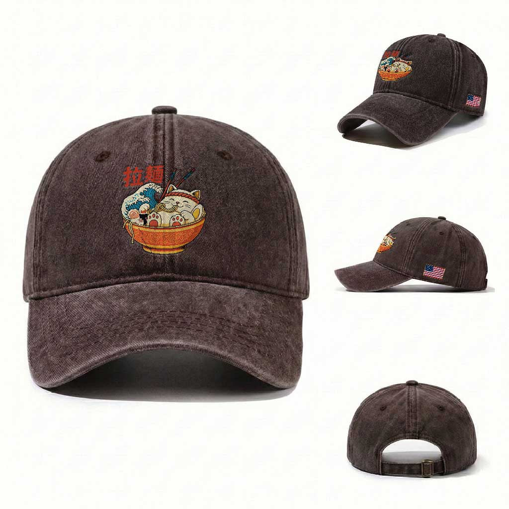 Funny Cat Ramen Washed Cotton Baseball Cap Cute Japanese Sushi Kitty Eating Noodles