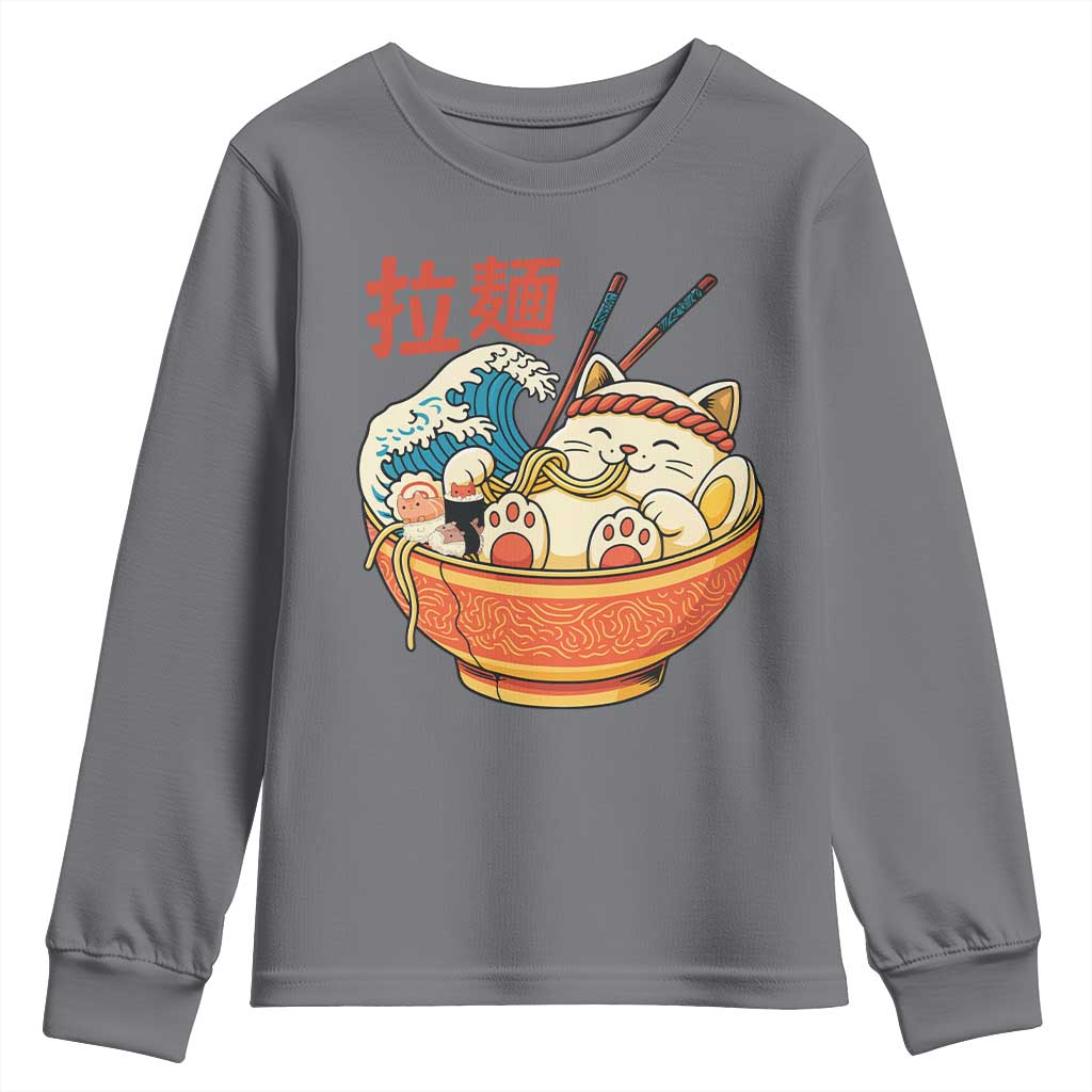 Funny Cat Ramen Youth Sweatshirt Cute Japanese Sushi Kitty Eating Noodles - Wonder Print Shop
