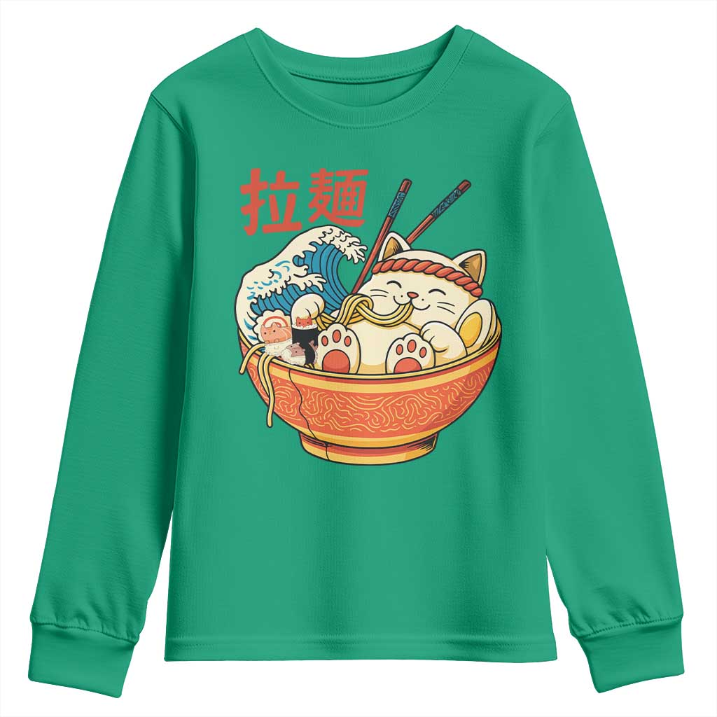 Funny Cat Ramen Youth Sweatshirt Cute Japanese Sushi Kitty Eating Noodles - Wonder Print Shop