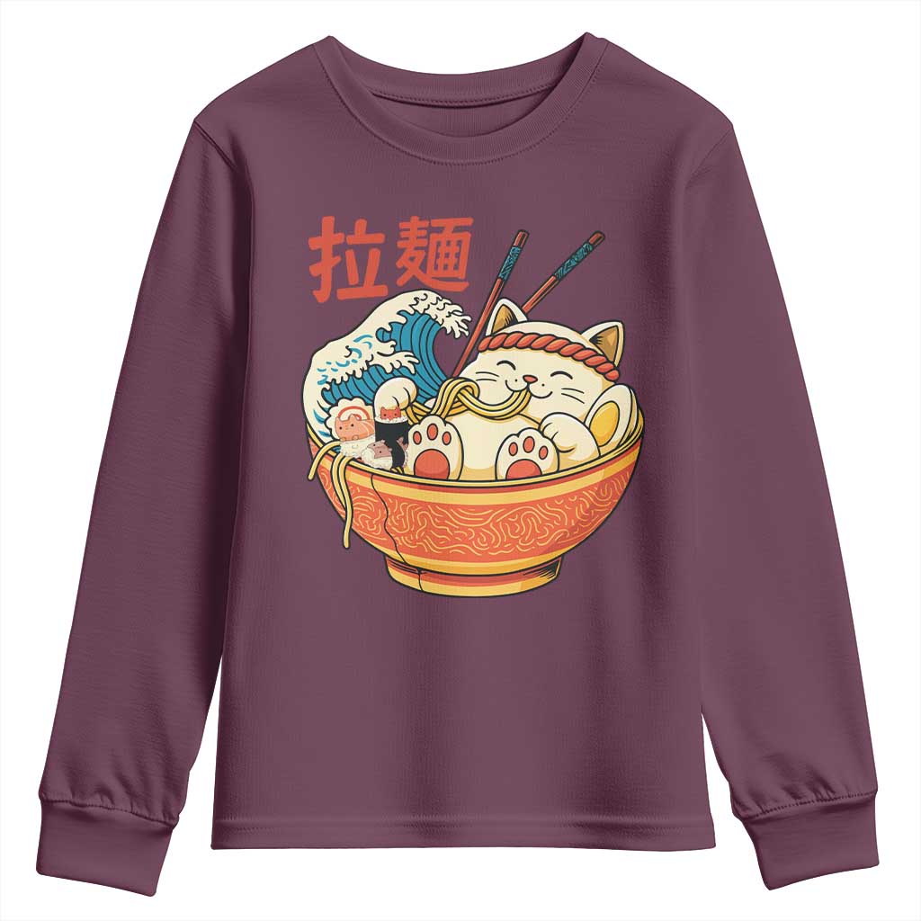 Funny Cat Ramen Youth Sweatshirt Cute Japanese Sushi Kitty Eating Noodles - Wonder Print Shop