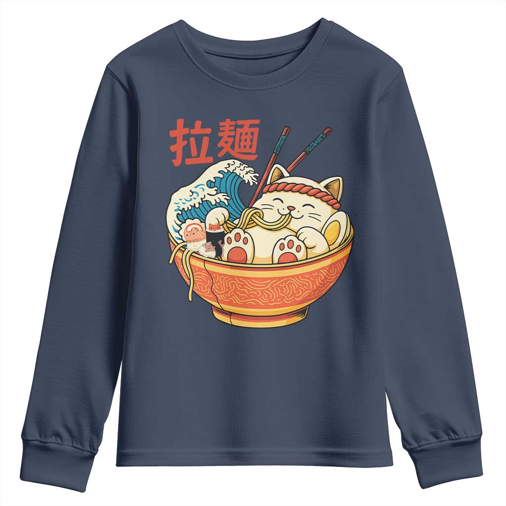 Funny Cat Ramen Youth Sweatshirt Cute Japanese Sushi Kitty Eating Noodles - Wonder Print Shop