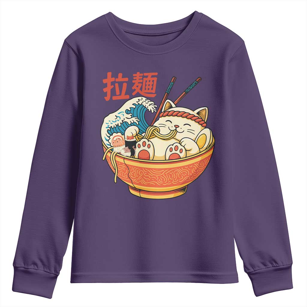 Funny Cat Ramen Youth Sweatshirt Cute Japanese Sushi Kitty Eating Noodles - Wonder Print Shop