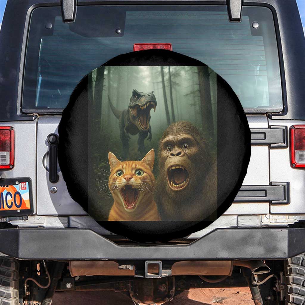 Cat Bigfoot Selfie With Dinosaur Spare Tire Cover Funny Surprised Scared Sasquatch Cat - Wonder Print Shop