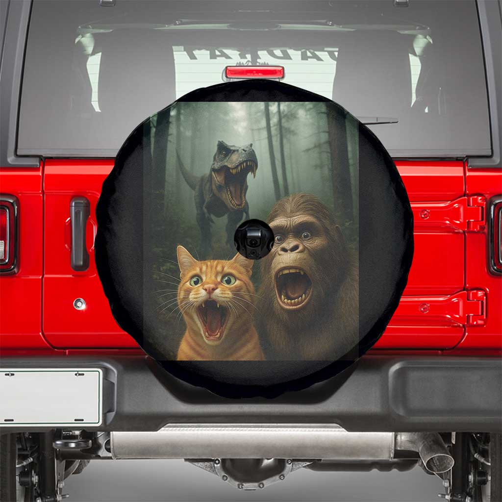 Cat Bigfoot Selfie With Dinosaur Spare Tire Cover Funny Surprised Scared Sasquatch Cat - Wonder Print Shop
