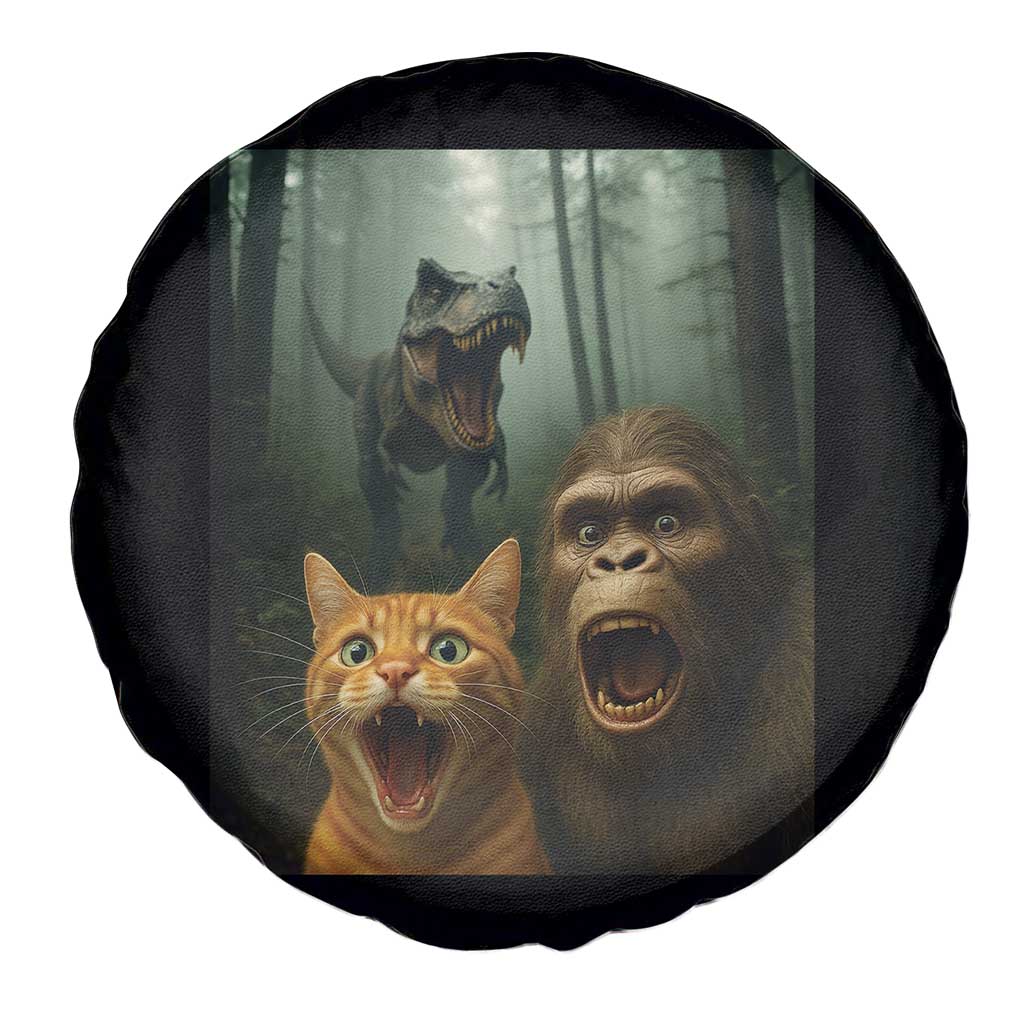 Cat Bigfoot Selfie With Dinosaur Spare Tire Cover Funny Surprised Scared Sasquatch Cat - Wonder Print Shop