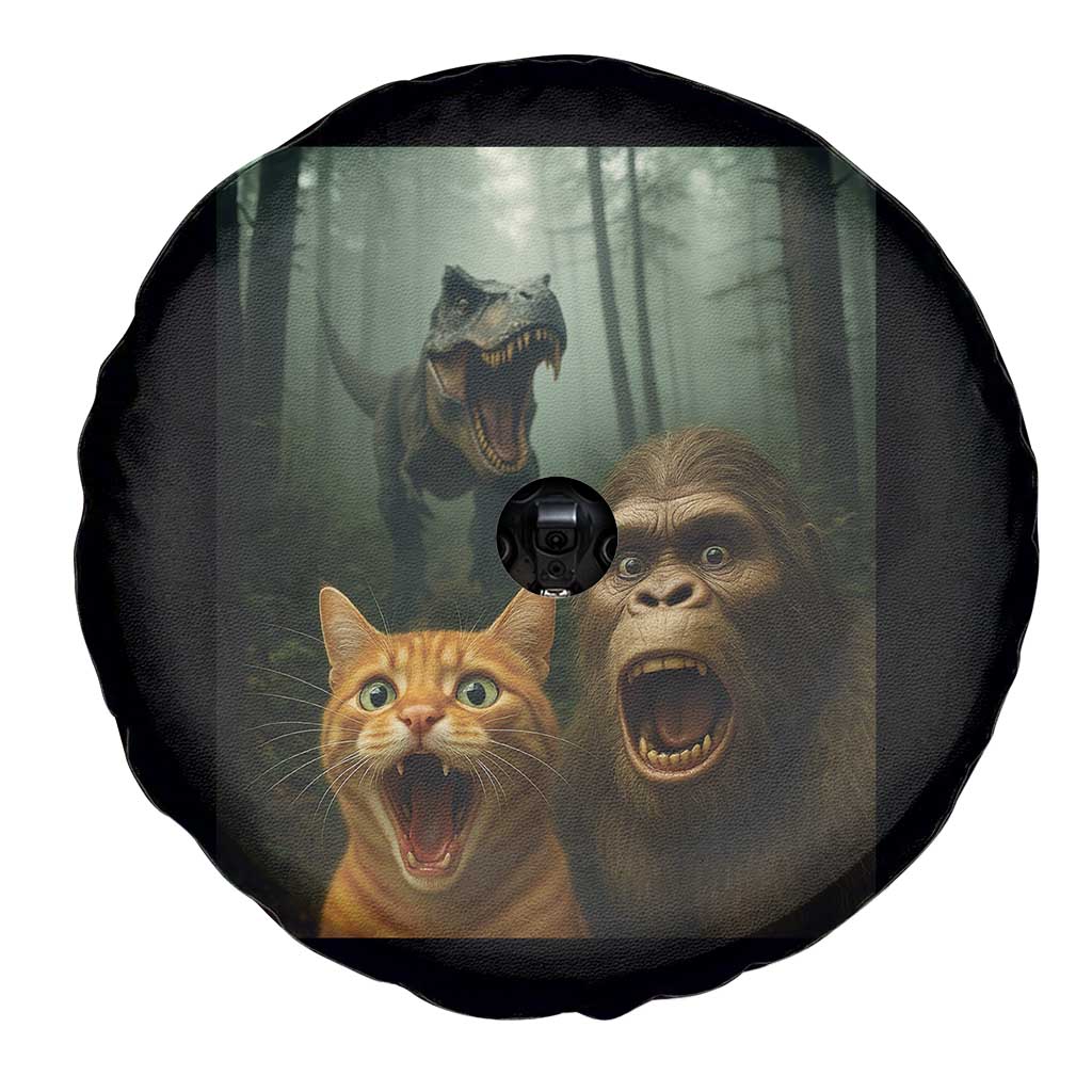 Cat Bigfoot Selfie With Dinosaur Spare Tire Cover Funny Surprised Scared Sasquatch Cat - Wonder Print Shop