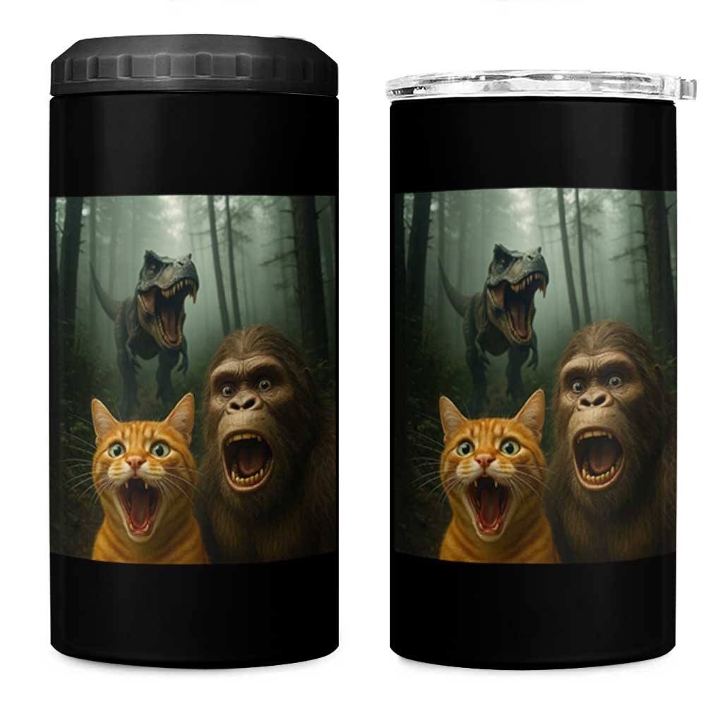 Cat Bigfoot Selfie With Dinosaur 4 in 1 Can Cooler Tumbler Funny Surprised Scared Sasquatch Cat