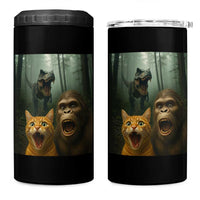 Cat Bigfoot Selfie With Dinosaur 4 in 1 Can Cooler Tumbler Funny Surprised Scared Sasquatch Cat