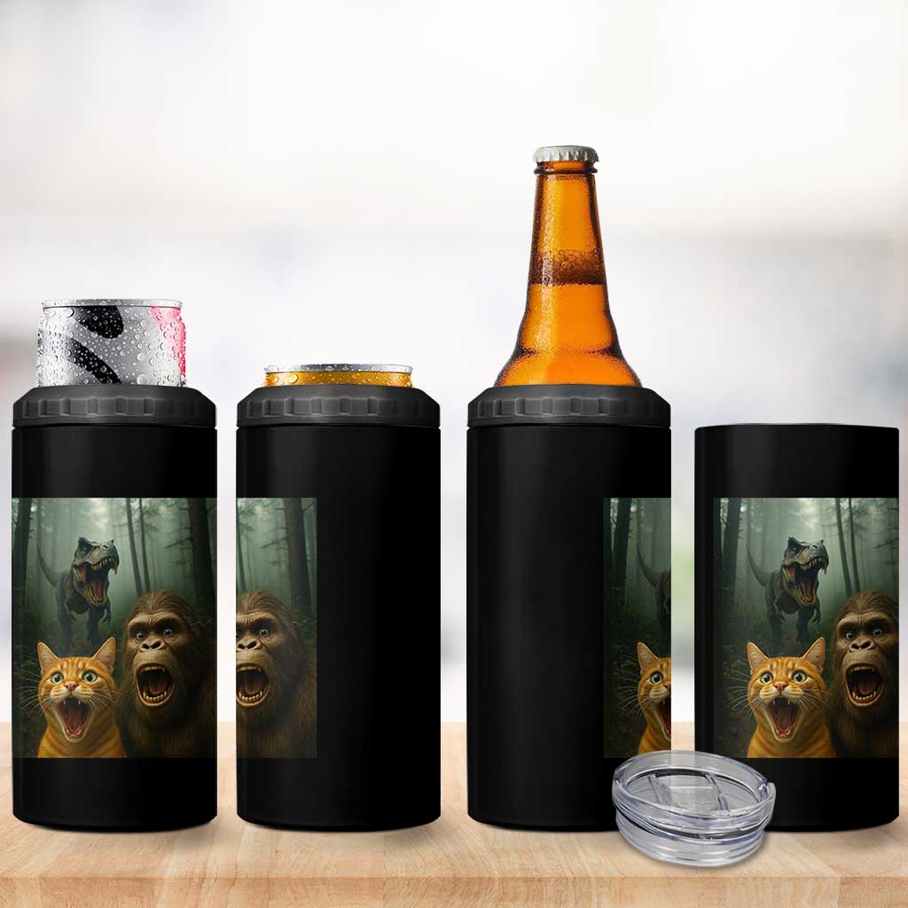 Cat Bigfoot Selfie With Dinosaur 4 in 1 Can Cooler Tumbler Funny Surprised Scared Sasquatch Cat