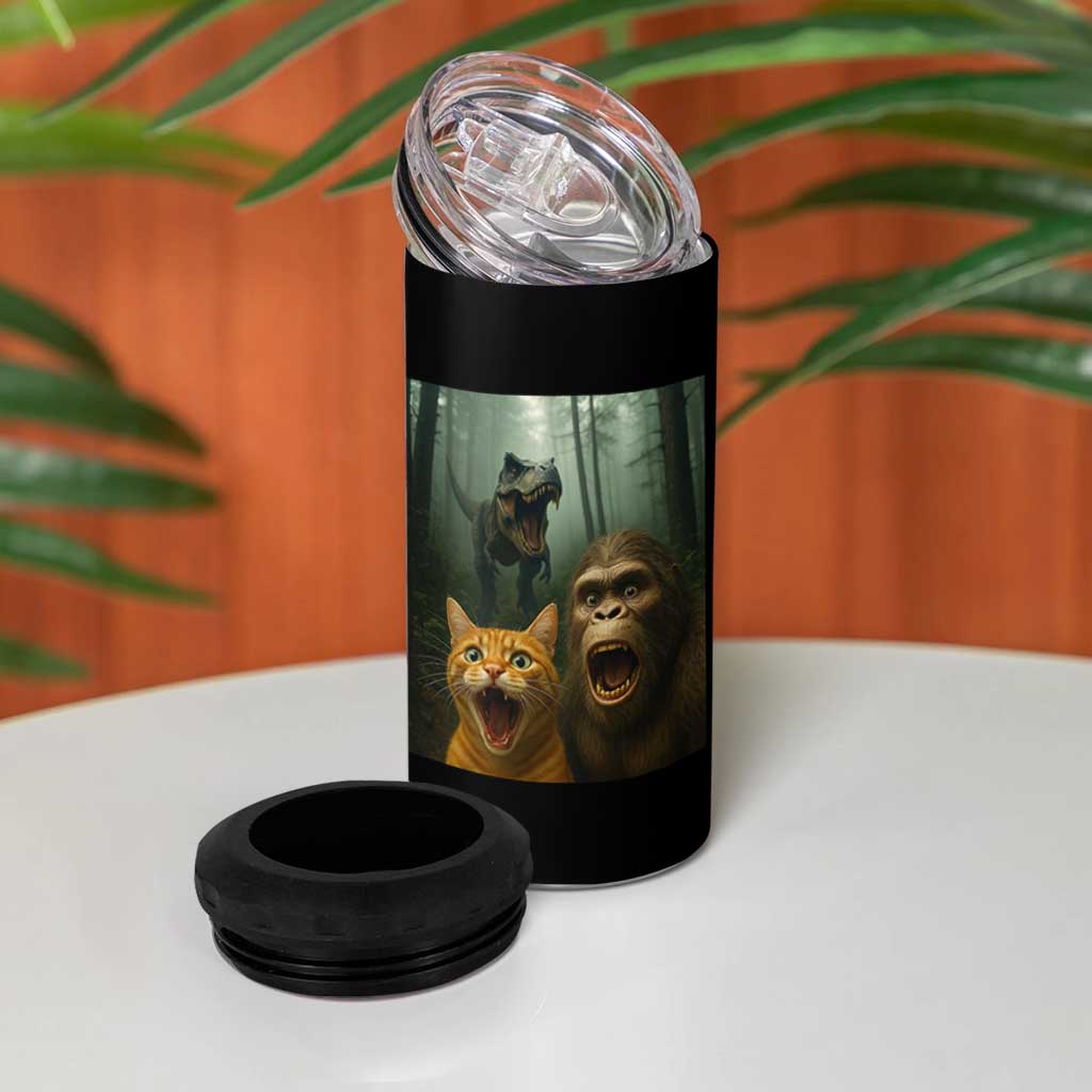 Cat Bigfoot Selfie With Dinosaur 4 in 1 Can Cooler Tumbler Funny Surprised Scared Sasquatch Cat