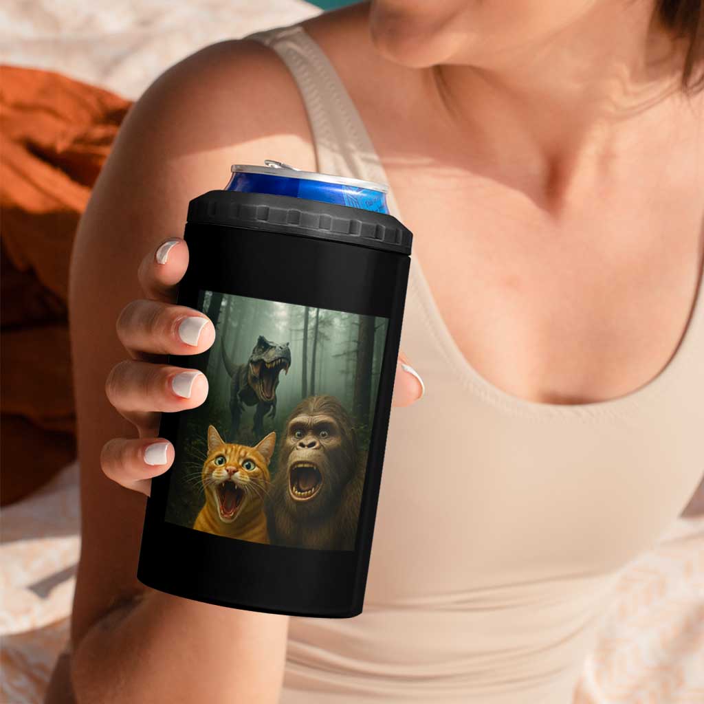 Cat Bigfoot Selfie With Dinosaur 4 in 1 Can Cooler Tumbler Funny Surprised Scared Sasquatch Cat