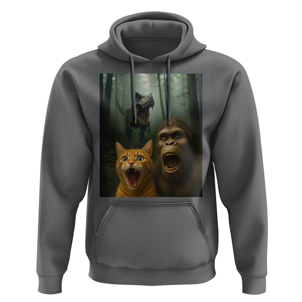 Cat Bigfoot Selfie With Dinosaur Hoodie Funny Surprised Scared Sasquatch Cat - Wonder Print Shop