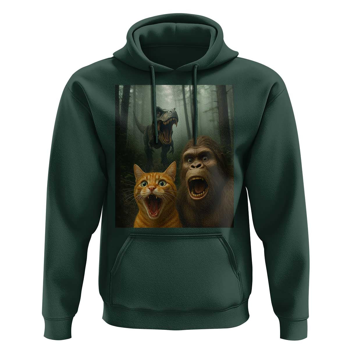 Cat Bigfoot Selfie With Dinosaur Hoodie Funny Surprised Scared Sasquatch Cat - Wonder Print Shop